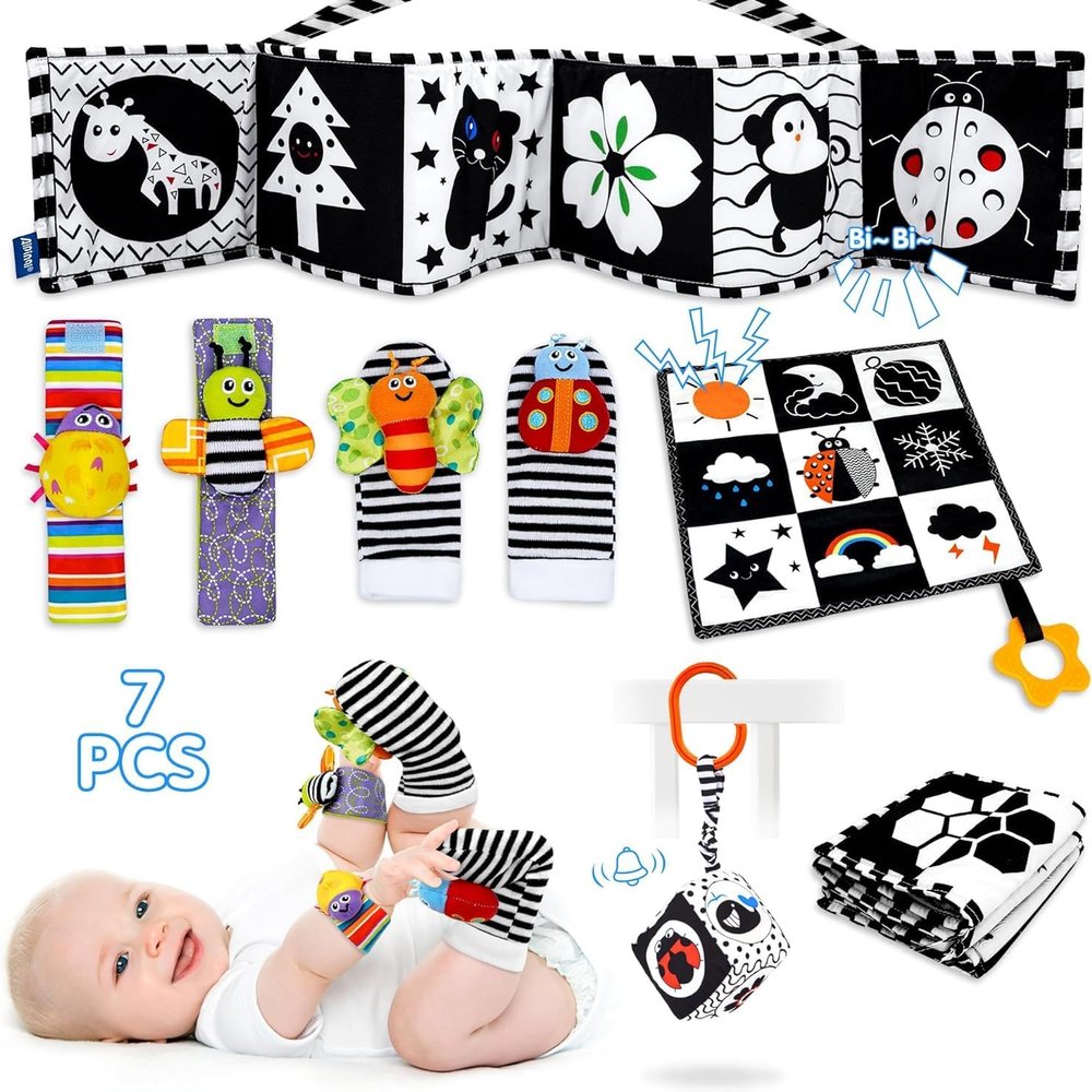 FELSOOGRE 7 Pcs Black and White High Contrast Baby Toys for Newborn, Tummy Time Toys Montessori Toy for Babies 0-6 Months, Sensory Newborn Infant Toy Soft Book for 0-3 3-6 6-12 Months Boys Girls