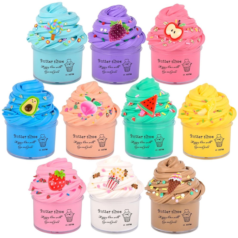 Premium Scented Butter Slime,10 Pack Slime,with Peach Charm,Watermelons,Apples and More Charms,10 Fun Add Ins,Pre-Made Slime for Kids,Great 6 Year Old Toys,Super Soft Sludge Toy.Super Mini