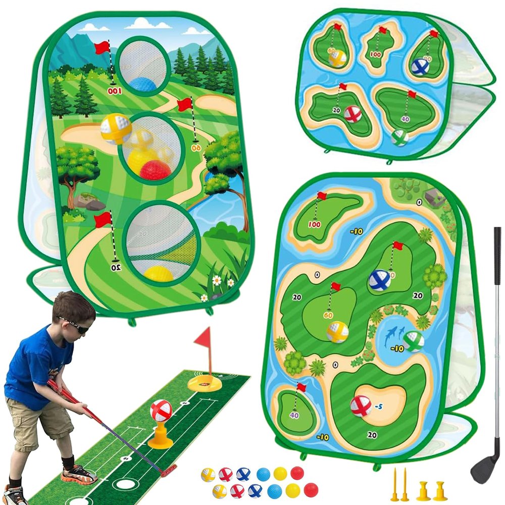 4-In-1 Kids Sticky Golf Games Set With Club, Golf Putting Practice Mat,3-Sided Golf Chipping Net, Multiple Game Modes, Golf Cornhole Board Set, Indoor & Outdoor Golf Practice For Kids & Adults