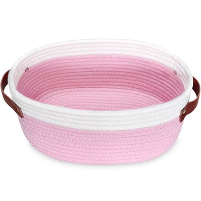 ABenkle Woven Basket - Cute Small Rope Storage Basket for Room, Cat & Dog Toys, Empty Decorative Gift Box with Leather Handles
