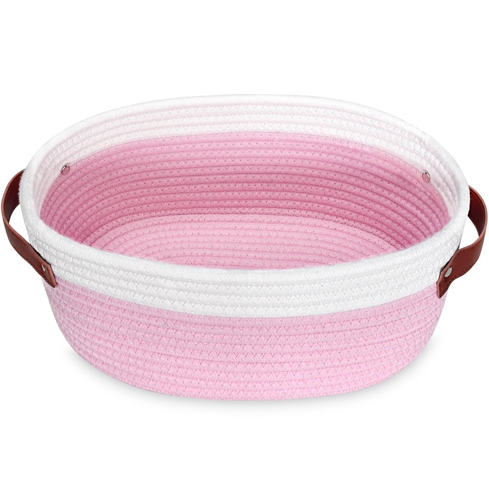 ABenkle Woven Basket - Cute Small Rope Storage Basket for Room, Cat & Dog Toys, Empty Decorative Gift Box with Leather Handles
