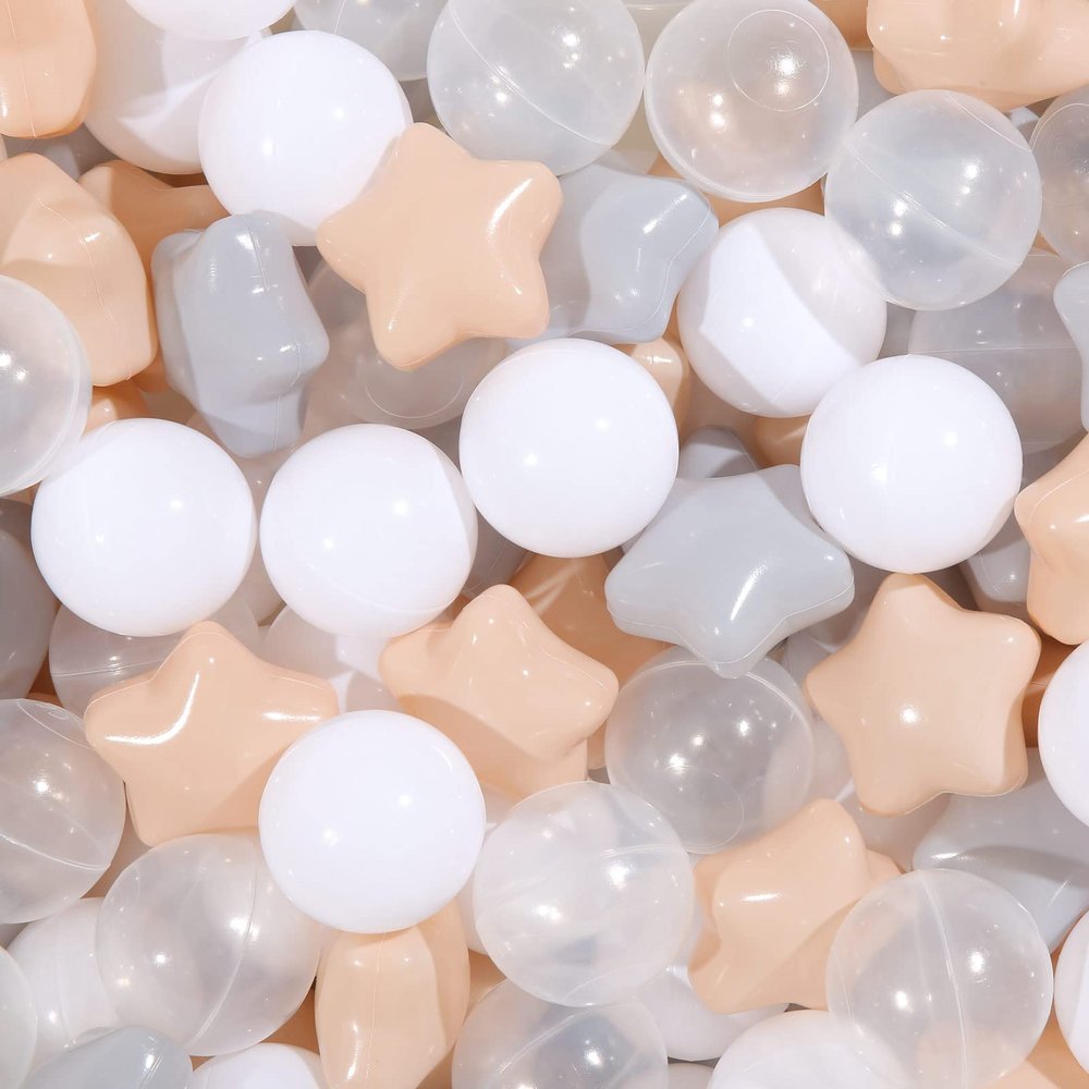 TRENDPLAY Star Ball Pit Balls for Toddlers - 200 Count Star Balls Different Shapes, Non-Toxic Plastic Balls for Safe Play, Boys Girls Festival Party Decoration, Milktea Gray