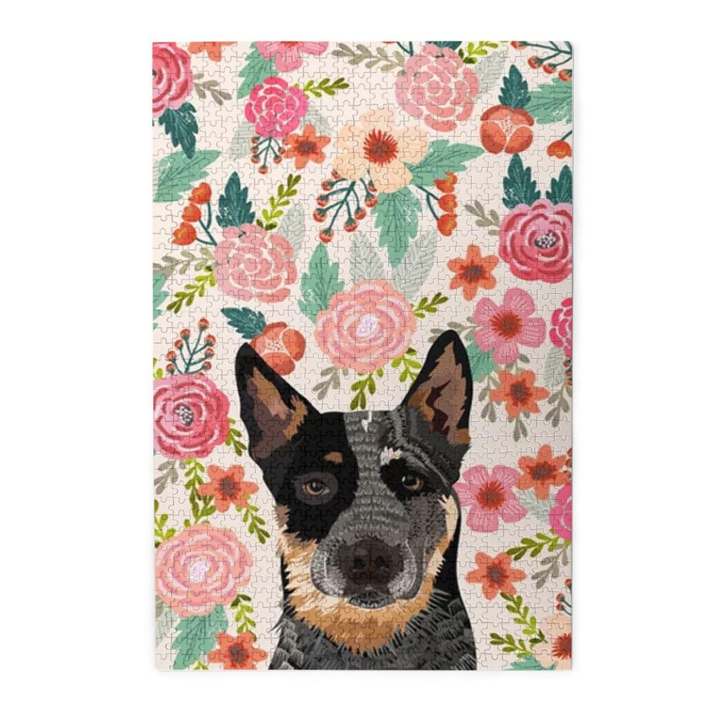 Australian Cattle Dogs Floral Boho Flowers 1000 Piece Wooden Puzzles Custom Jigsaw Puzzle Toy 29.5x20in