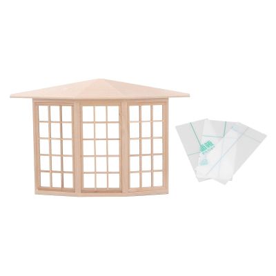 1/12 Dollhouse Bay Window, Exquisite Miniature Wooden 45 Degree Corner 3 Sided Window Model for DIY, Easy to Install, Birchwood Construction
