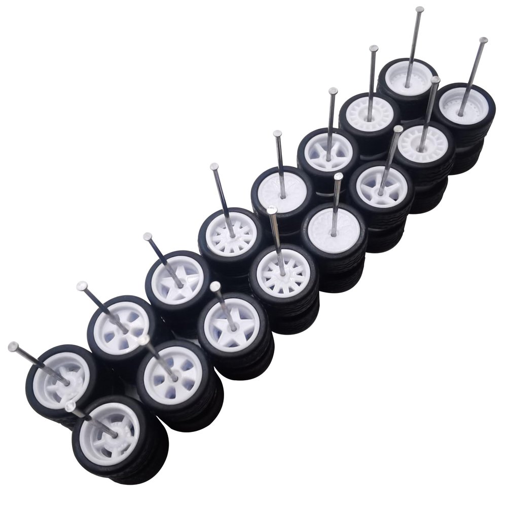 8 Set 1/64 Scale Wheels and Tires - 8 Styles Simulation Wheel Hub & Rubber Tires, Suitable for Beginner DIY Modification 1/64 Diecast Cars (White)