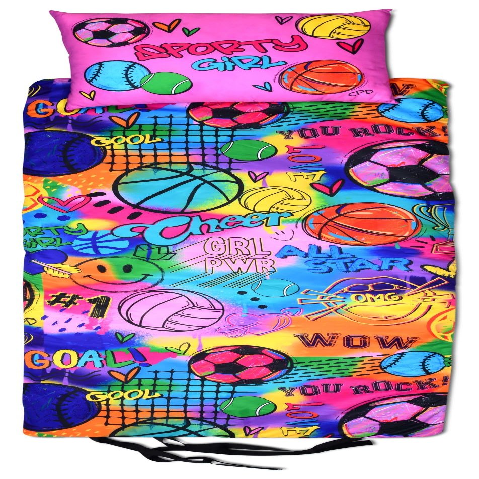 iscream + Corey Paige Designs Cozy Silky Soft Fleece Lined Sleeping Bag and Pillow Set for Kids - Sporty Girl