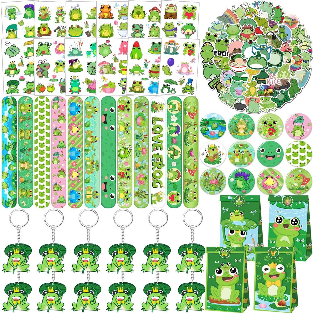 Lcnjscgo 110 PCS Frog Party Favors, Frog Temporary Tattoos Slap Bracelets Keychains Stickers Badges Gift Bags for Frog Birthday Party Decorations Supplies Gifts for Classroom Rewards Baby Shower