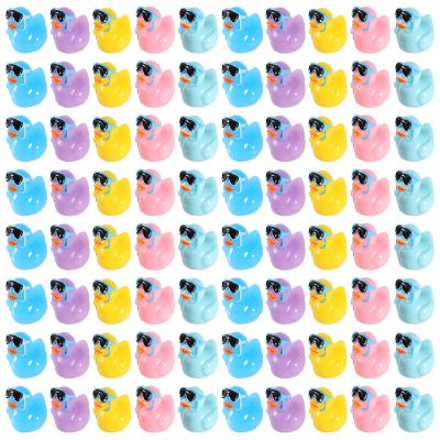 100pcs Summer Beach Ducks, Mini Resin Ducks Colorful Duck Figurines with Surfing Glasses Surfboards for Baby Shower Miniature Garden Landscape DIY Dollhouse Potted Plants Pool Party Decoration