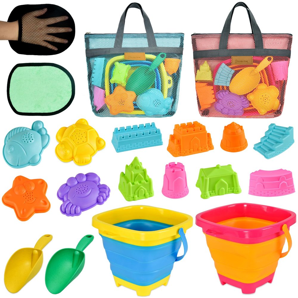 Aclarastra Collapsible Beach Sand Toys for Kids - Travel Beach Toys with 2 Collapsible Beach Buckets, Mesh Bags, Sand Castle Molds, Sand Bucket Shovel Set Sandbox Toy for Toddlers Kids
