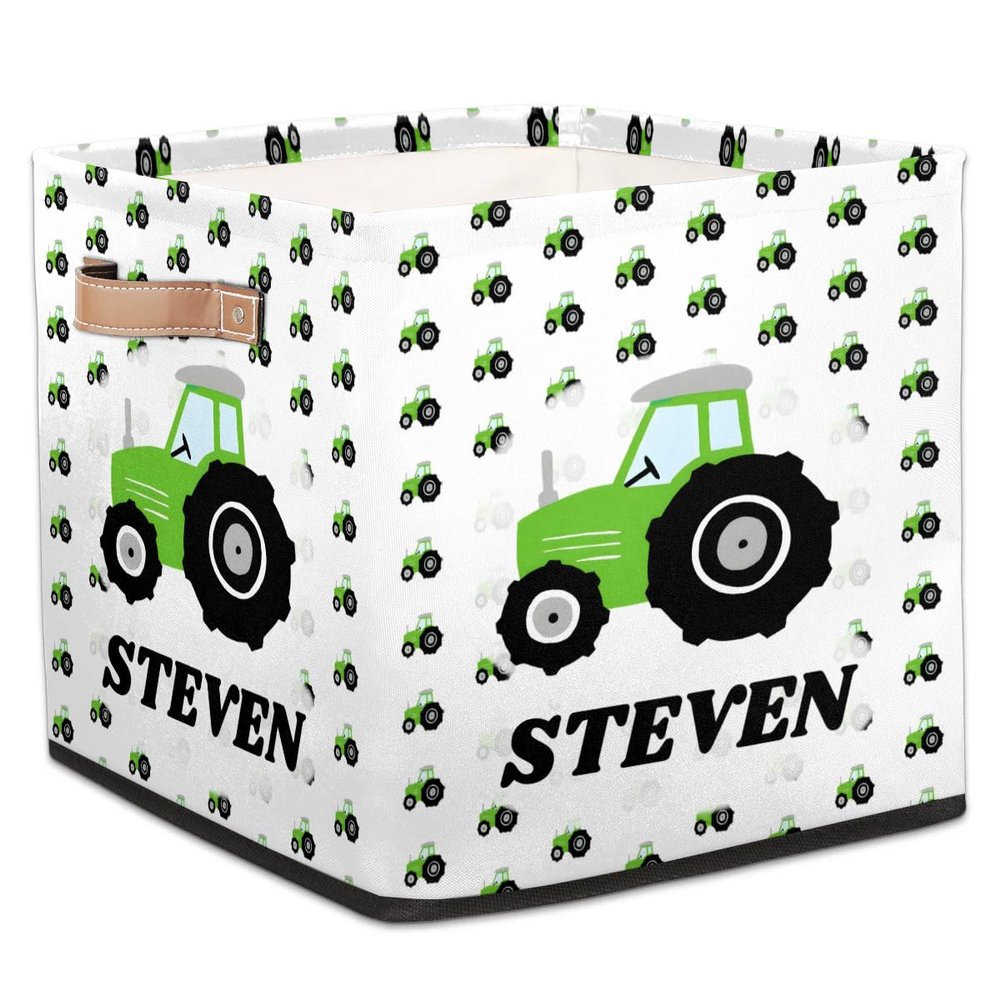Custom Name Storage Basket Cars Airplane Personalize Foldable Rectangle Clothes Book Toys Storage Bin With Handle For Kids Boys For Home Nursery Dorm Shelf Room,Tractors 2