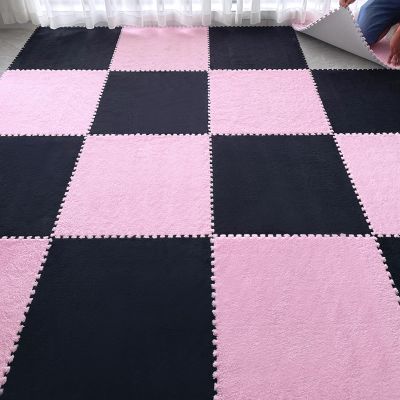 12 and 24 Inch Plush Puzzle Foam Floor Mat,Interlocking Playmat,Soft Fluffy Carpet Tiles for Living Room,4 Pcs(Size:23.6x23.6 Inch,Color:Black+Pink)