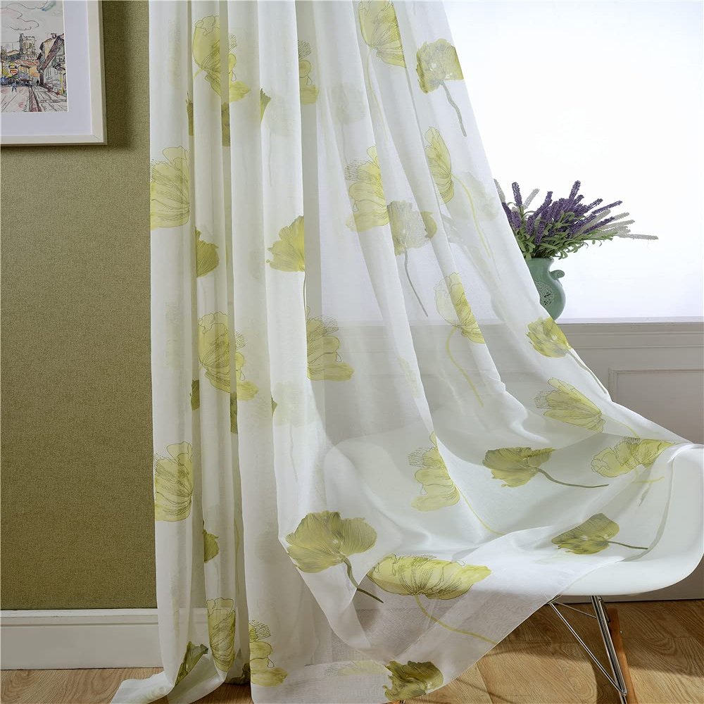 HooHero Green Simple Lotus Leaf Versatile Printed Polyester Living Kids Baby Room Elegant 50 Width Sheer Curtains Home Decor Voile