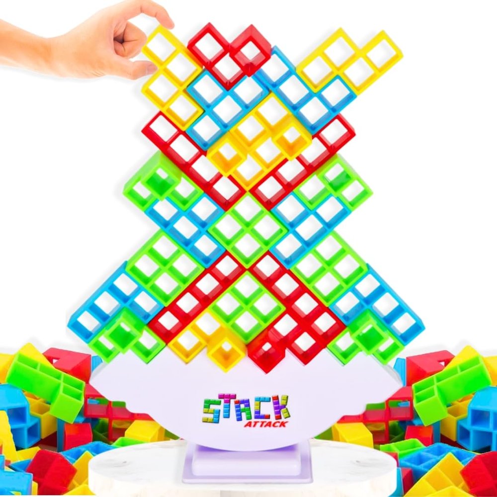 Stack Attack Tower Game, Fun Balance Games for Kids & Adults, Family Game Night Building Block and Stacking Gifts, Includes 48 Pcs & 36 Cards, Novelty Toy Gift