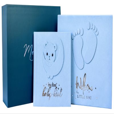 Handmade Baby Memory Book, Scrapbook AND Photo Album with Keepsake Box, Hand & Footprint Kit included, Baby's First Year, Journal, For Newborn 0-12 Months (Teddy Bear Boy, Blue)