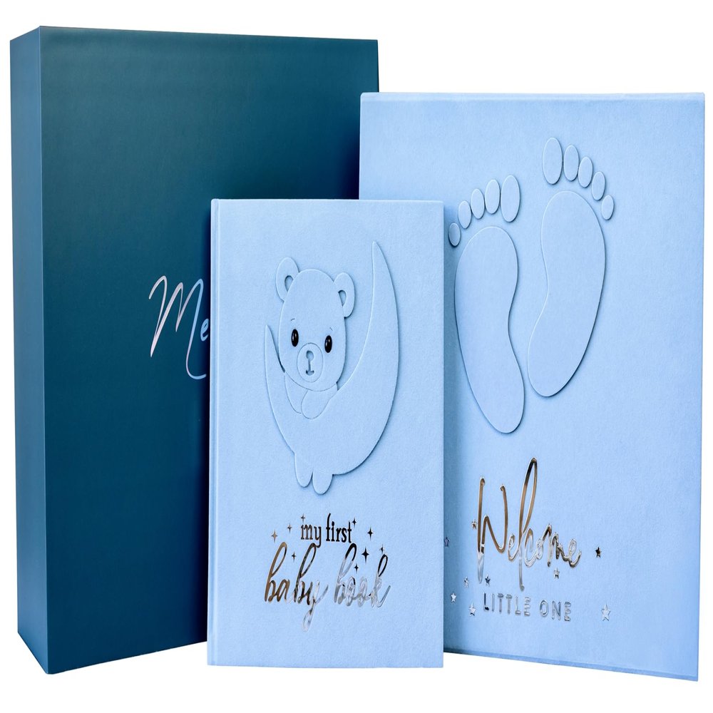 Handmade Baby Memory Book, Scrapbook AND Photo Album with Keepsake Box, Hand & Footprint Kit included, Baby's First Year, Journal, For Newborn 0-12 Months (Teddy Bear Boy, Blue)