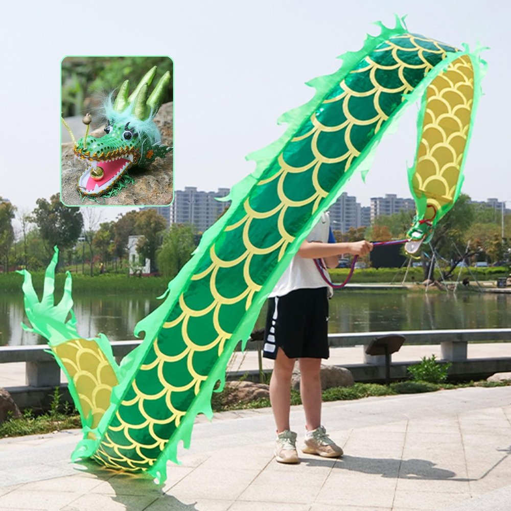 Kunovo Dragon Poi Small Size Dragon Dance Ribbon, Kids/Beginner Dragon Design Art Dance Flag, Outdoor Fitness Juggling Dragon Streamer with Dragon Head (Color : Green, Size : 5 m (16.4 ft))