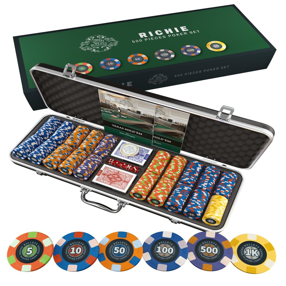 Bullets Playing Cards | Professional Poker Set Richie | 500 Ceramic Poker Chips (10 g) with Premium Carrying Case  Casino Poker Set for Texas Holdem