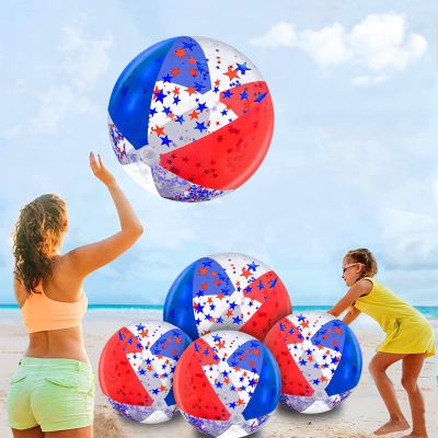 5 Pack Patriotic Sequins Beach Ball 24 Inch 16 Inch Pool Toys Balls Giant Red White and Blue Stars Glitters Inflatable Clear Beach Ball Swimming Pool Water Beach Toys Outdoor 4th of July Party Favors