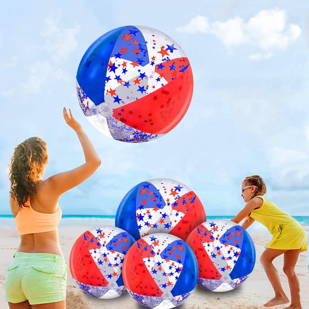 5 Pack Patriotic Sequins Beach Ball 24 Inch 16 Inch Pool Toys Balls Giant Red White and Blue Stars Glitters Inflatable Clear Beach Ball Swimming Pool Water Beach Toys Outdoor 4th of July Party Favors