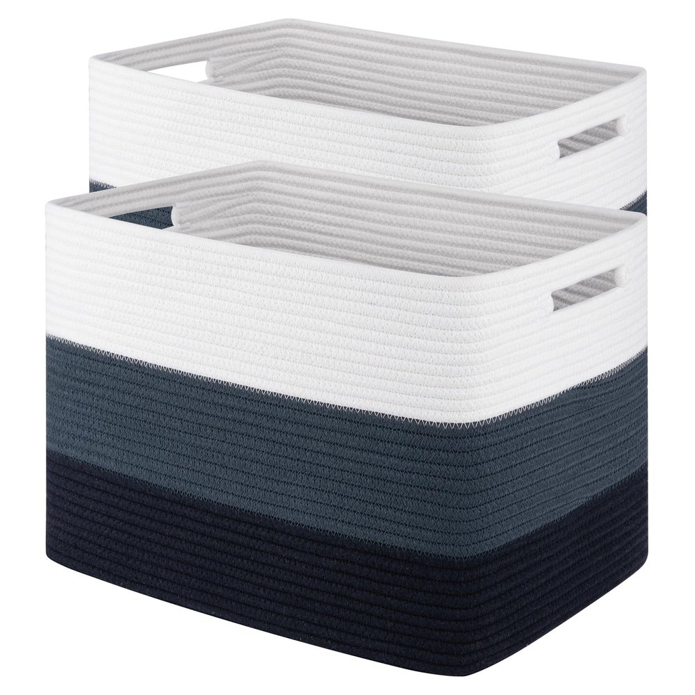 Woven Baskets - 2 Pack Rectangle Closet Organizers for Toy Storage, Nursery & Living Room in Gradient Blue