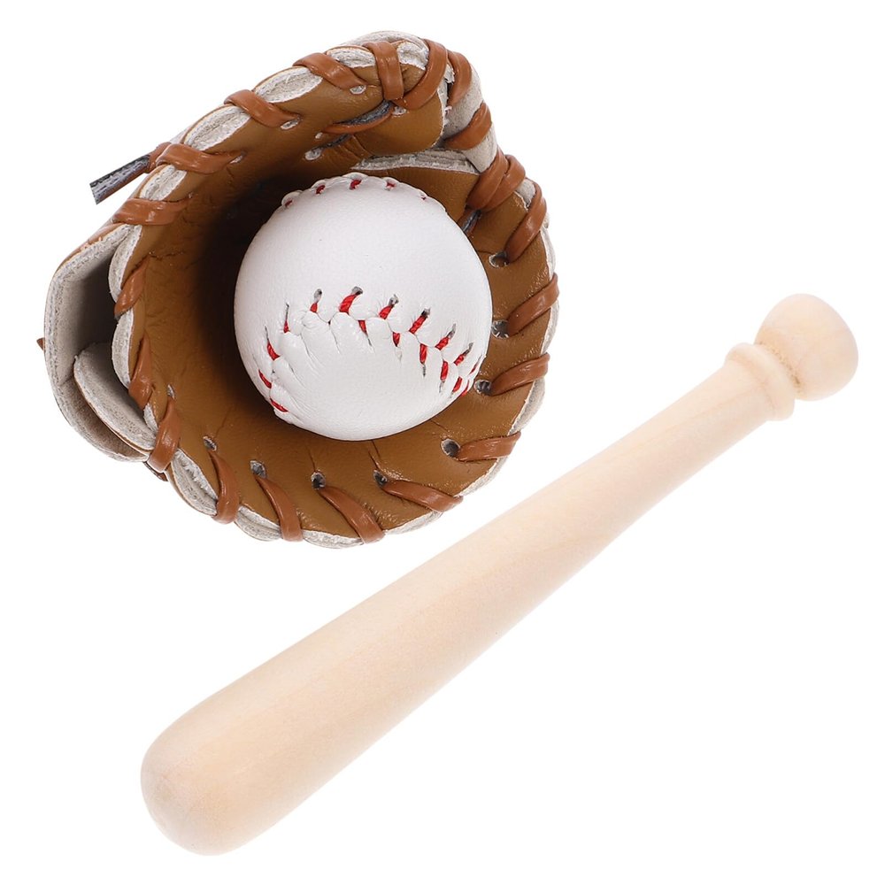 Abaodam Mini Baseball Set with Wooden Bat Leather Glove and Ball for Dollhouse Sports Miniatures DIY Craft Accessories and Fairy Garden Decoration 2.95 Inch Realistic Toy Baseball Kit