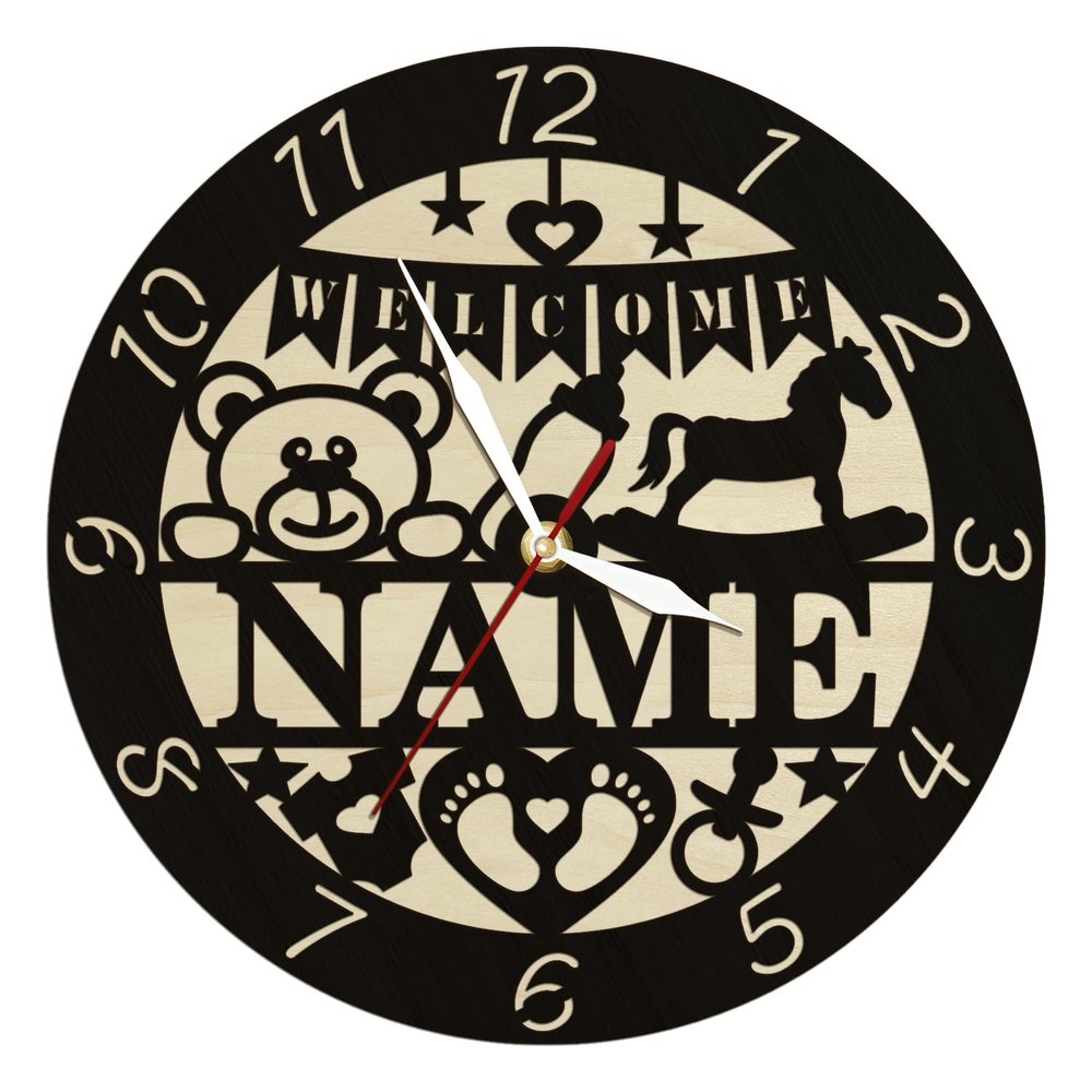 Timethink 15 Inch Newborn Baby Wood Wall Clock with Personalized Name, Rustic Decorative Wooden Round Clock Wall Watch Silent Non Ticking Wall Clock Battery Operated for Baby Room Housewarming Gift