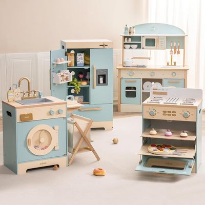 ROBOTIME Wooden Play Kitchen, Toddler Kitchen Playset with Oven, Fridge & Washing Machine, Kids Kitchen Playset Gift for 3+ Year Old Boys & Girls