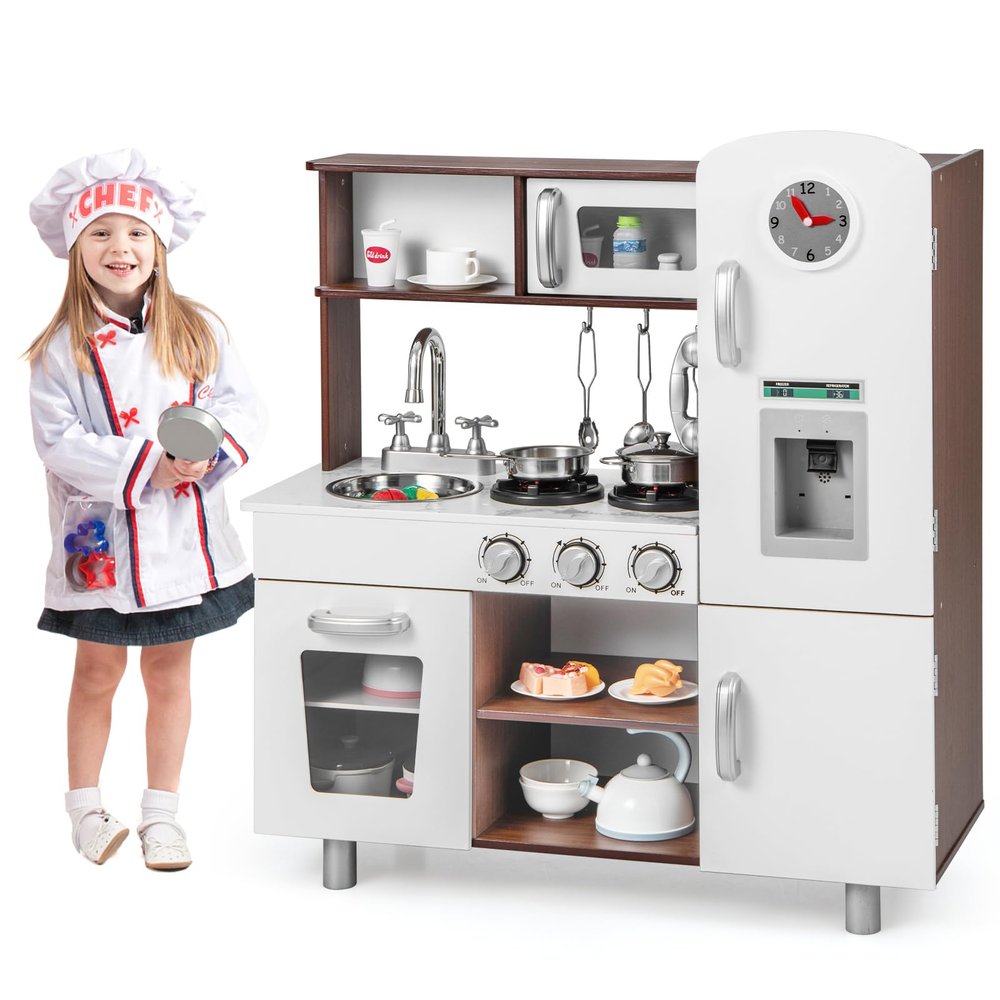 FIREFLOWERY Pretend Play Kitchen Set for Kids, Immersive Wooden Kitchen Playset w/Play Phone, Utensils, Shelves, Oven, Microwave, Stove, Ice Maker, Sink & Clock, Gift for Aged 3+, Espresso