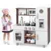 FIREFLOWERY Pretend Play Kitchen Set for Kids, Immersive Wooden Kitchen Playset w/Play Phone, Utensils, Shelves, Oven, Microwave, Stove, Ice Maker, Sink & Clock, Gift for Aged 3+, Espresso view 1
