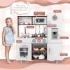 FIREFLOWERY Pretend Play Kitchen Set for Kids, Immersive Wooden Kitchen Playset w/Play Phone, Utensils, Shelves, Oven, Microwave, Stove, Ice Maker, Sink & Clock, Gift for Aged 3+, Espresso view 2