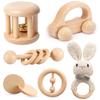 Wooden Baby Toys, 6PCS Wooden Rattle for Baby, Montessori Toys for Babies 0-6 -12 Months, Wood Rattles Set for Infant Grasping, Wooden Rattles Push Car Crochet Bunny Rattle Toy for Newborn Infant view 1