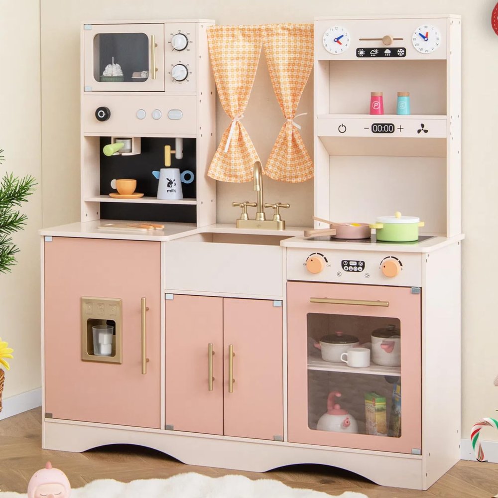 HONEY JOY Kids Kitchen Playset, Wooden Play Kitchen for Toddlers, Ice Maker & Coffee Maker, Stove, Faucet, Microwave, Large Storage Cabinet, Little Chef Pretend Toy Kitchen Set for Boys Girls (Pink)