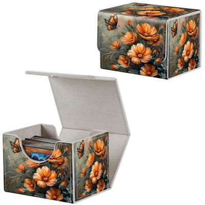 Qindaiwen Card Deck Box for MTG, Fits 100+ Single Sleeved Cards, PU Leather Trading Card Storage Box for TCG, CCG, MTG Cards, Strong Magnet Magic Gathering Deck Box, Orange Flowers