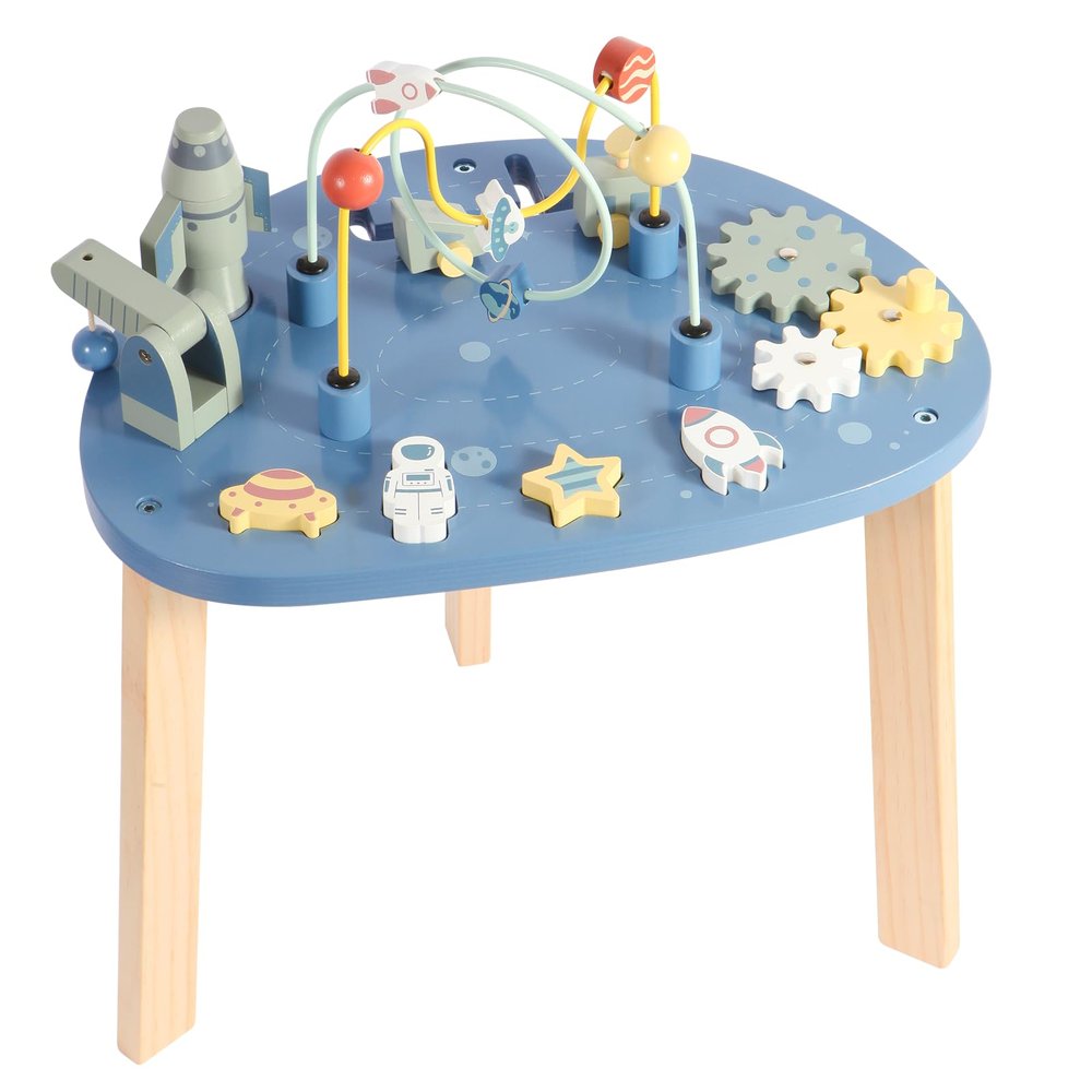Asweets 6 in 1 Montessori Wooden Activity Table, Multicolor Universe Themed Table for Kids with Bead Maze & Rocket Stack, Best Gifts for Girls & Boys, 15.35L x 11.02W x 18.11H