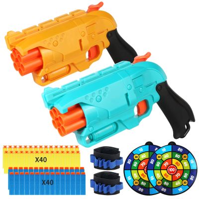 2 Pack with Rotating Barrel Toy Gun with Soft Bullets, Manual Continuous Emission Foam Blaster Toy Pistol Model, Shooting Game Educational Toys Gifts for Kids Boys Girls Adults Ages 6+
