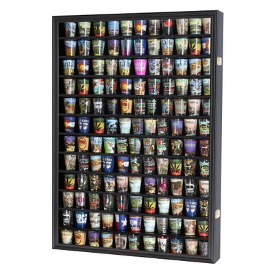 144 Shot Glass Shooter Display Case, Glass Collection Hollder Wall Mount Cabinet, UV Protection, Removable Shelves, Black Finish