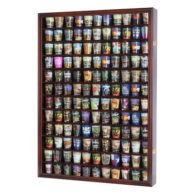 144 Shot Glass Shooter Display Case, Glass Collection Hollder Wall Mount Cabinet, UV Protection, Removable Shelves, Cherry Finish