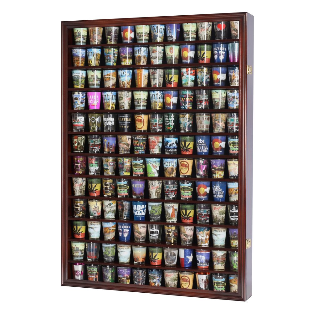 144 Shot Glass Shooter Display Case, Glass Collection Hollder Wall Mount Cabinet, UV Protection, Removable Shelves, Cherry Finish