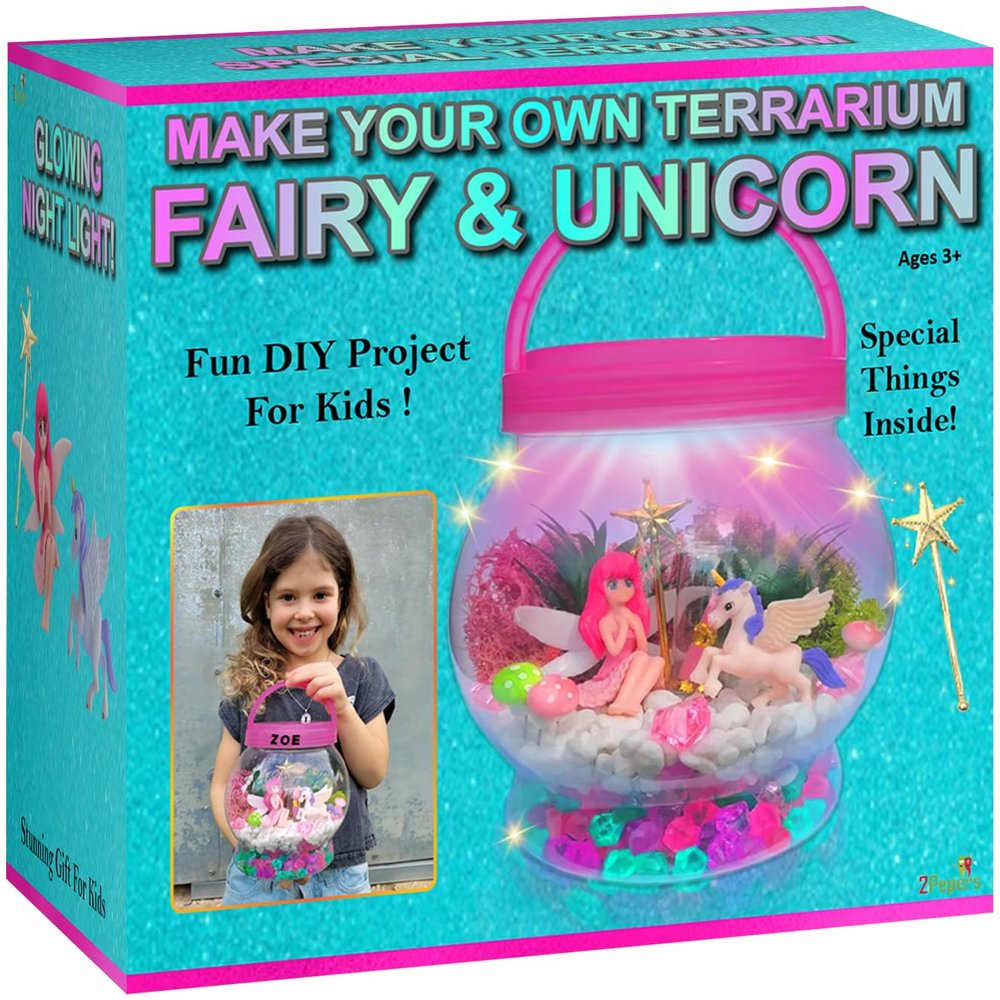 2Pepers Fairy & Unicorn Nightlight Arts and Crafts for Girls Age 4 5 6 7 8 Years Old, DIY Kids Crafts Terrarium Kit, Best Birthday Presents & Easter Gifts for Girls