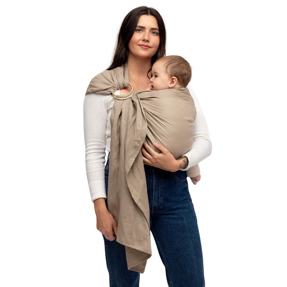 WildBird - Ring Sling Baby Carrier - 0-36 Months (up to 35 lbs) - Long (90") Desert Lark & Black Ring - Front, Hip or Back Carry - Adjustable Fit - Natural Linen - Baby Essentials - New Mom Gifts
