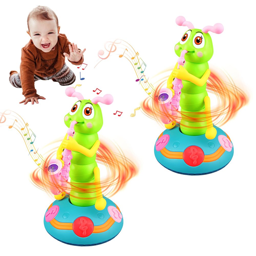 Atlodas Children's Electric Caterpillar Saxophone Toys, Dancing Saxophone Caterpillar, Battery Powered Baby Sensory Musical Toys with Music and LED Lights (2 Set)