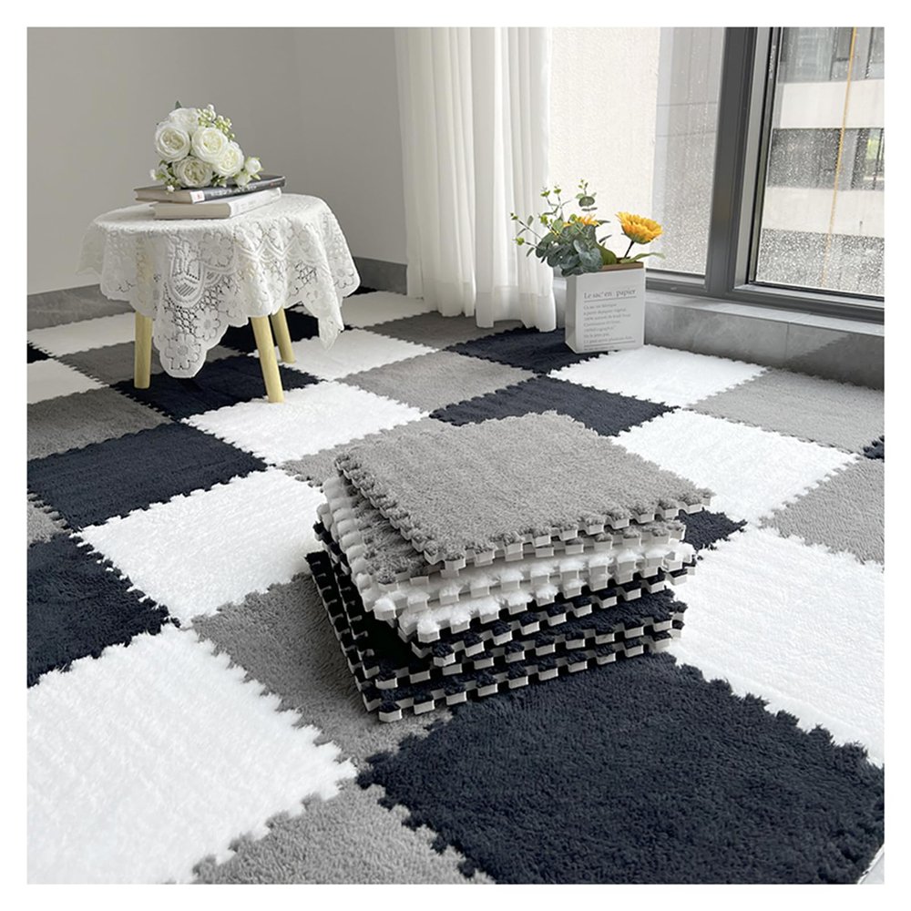 10 Pcs Plush Interlocking Foam Mat, 12x12inch Foam Puzzle Play Mats, Carpet Tiles Floor Padding for Exercise, Yoga, Playroom, Room Floor(Color:Black+Grey+White)