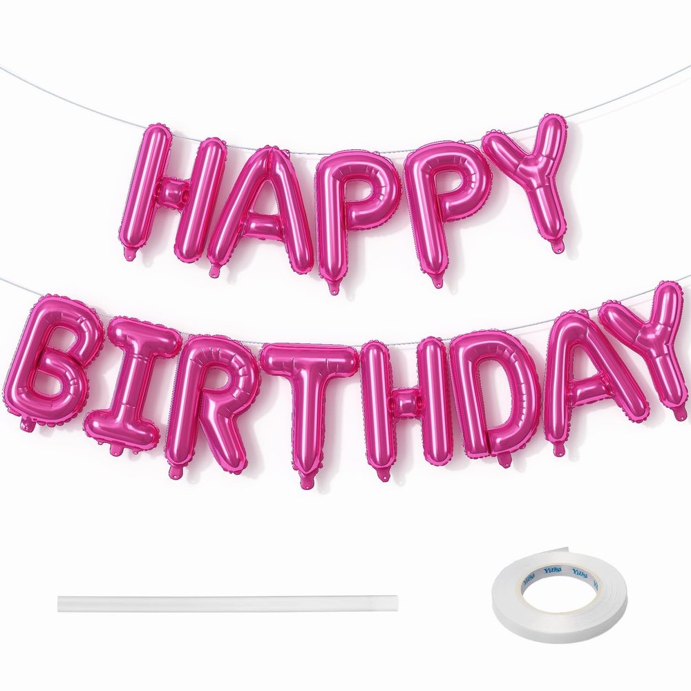 Happy Birthday Balloon Banner - 16 Inch Hot Pink Foil Mylar Sign Bunting Self Inflating Letter Balloons for Girls Women Party Decorations Supplies