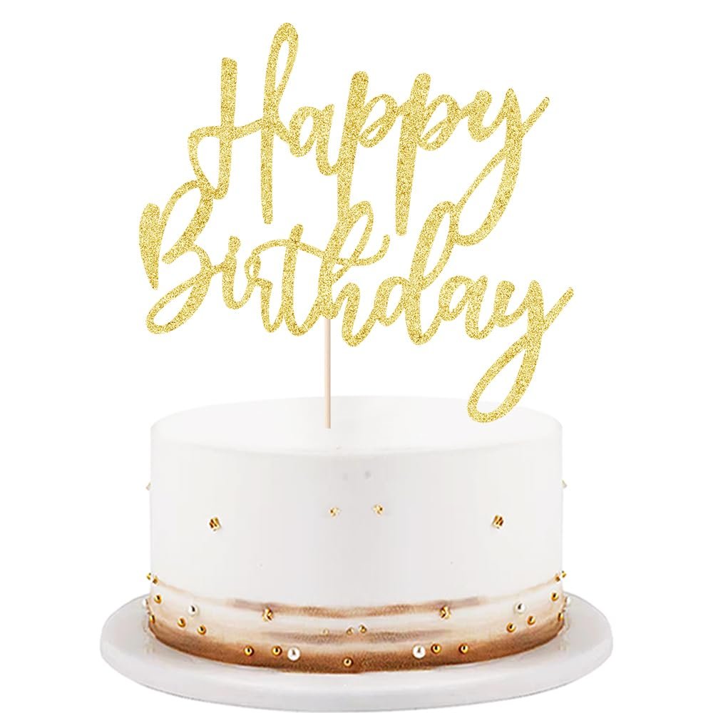 LVEUD Glitter Happy Birthday Cake Topper, Cake Decoration Suitable For Party Decoration - Anniversary/Birthday (Golden)