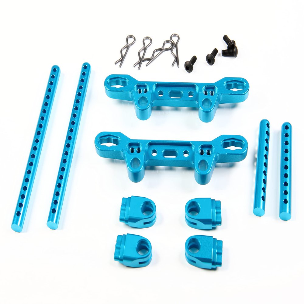 1/10 TT-02 CNC Aluminum Metal Front Rear Shock Tower Damper Stay with Body Holder for 1:10 RC Car TT02 (Blue)