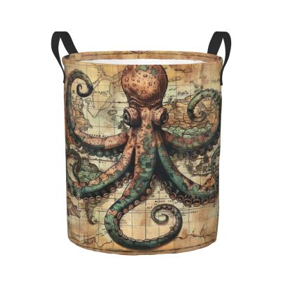 Foruidea Coastal Map Cool Octopus Laundry Basket,Laundry Hamper,Collapsible Storage Bin, Oxford Fabric Clothes Baskets,Nursery Hamper For Home,Office,Dorm,Gift Basket