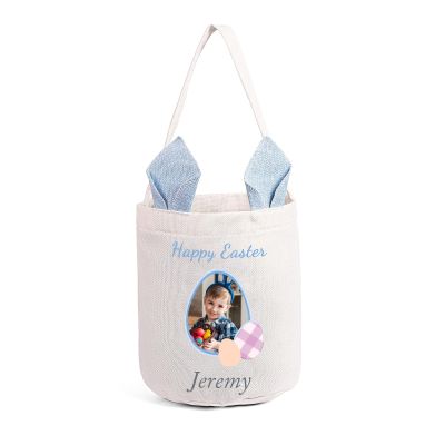 Amsgedhie Blue Personalized Easter Basket for Kids - Custom Bunny Bag - Handbag, Unisex, 18.5x7.87x0.2 inches
