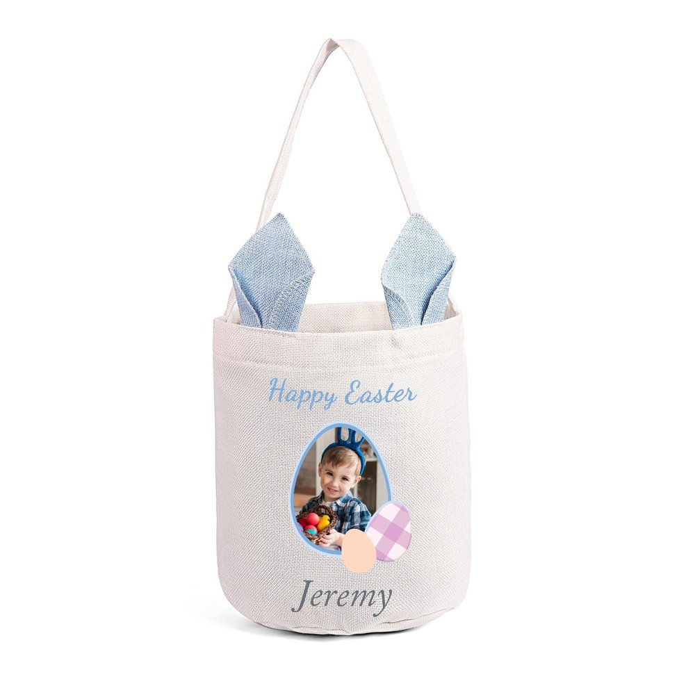 Amsgedhie Blue Personalized Easter Basket for Kids - Custom Bunny Bag - Handbag, Unisex, 18.5x7.87x0.2 inches