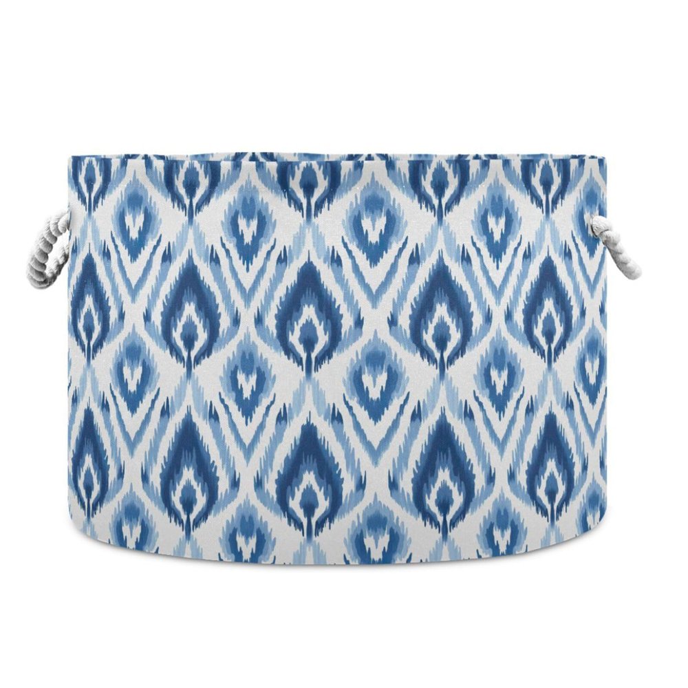Abstract Blue White Geometric Pattern Toys Storage Bin with Cotton Rope Large Capacity Clothes Storage Baskets Laundry Hamper Holiday Ornament Box Organizer for Bedroom Bathroom Nursery