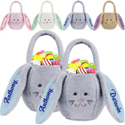 Personalized Bunny Easter Basket for Boys Girls Custom Name Plush Easter Egg Bag with Handle Customized Candy Bucket Gift for Easter